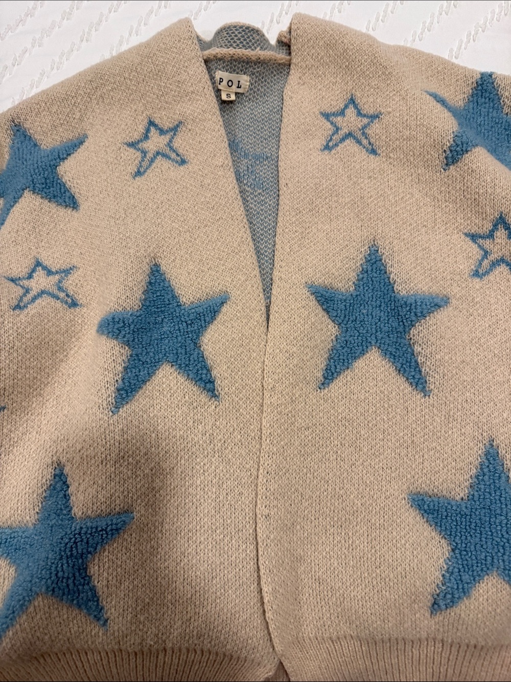 POL Small Oatmeal Blue Star Bouclé Open Front Cardigan Cozy Oversized Boho - Picture 7 of 9